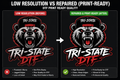 A promotional comparison graphic for DTF print-ready artwork, showing a bear mascot logo with the text 'TRI-STATE DTF' on a black background. The left panel is labeled 'LOW RESOLUTION (BEFORE)' with a red X and notes about pixelation and low quality.